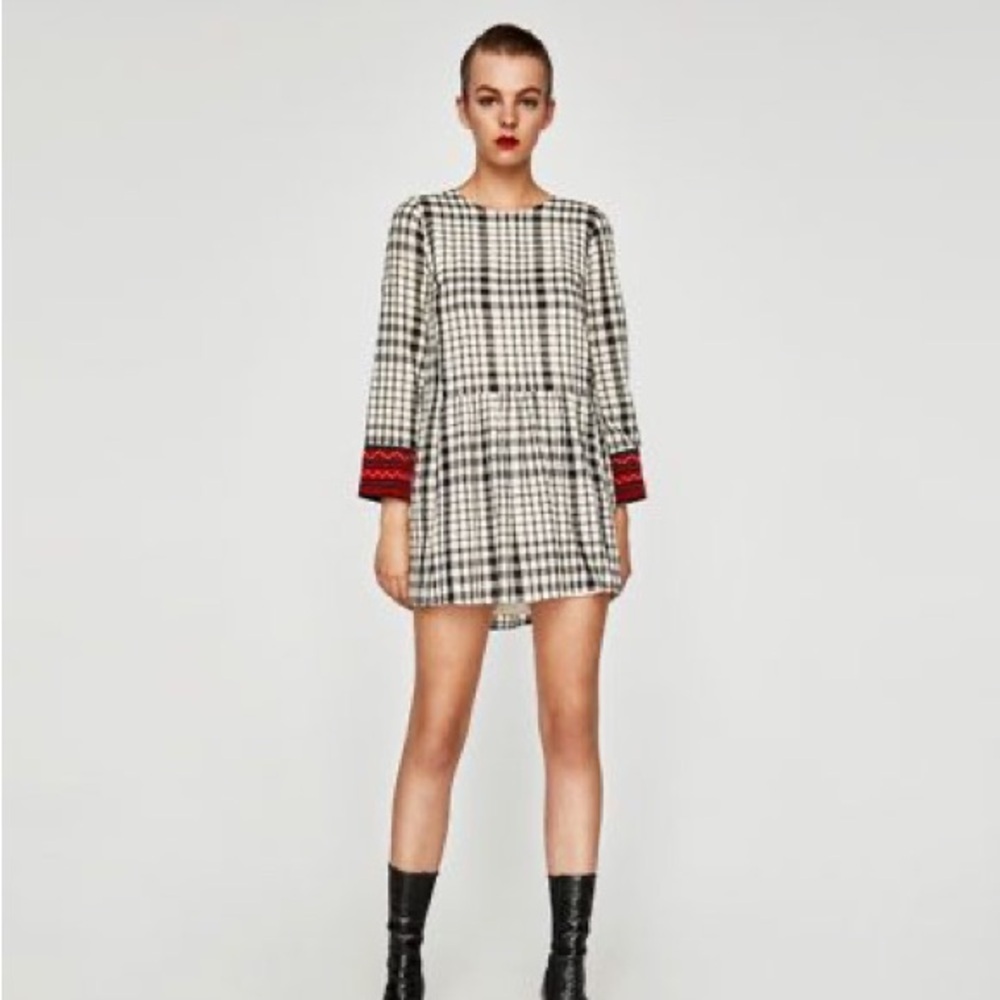 ZARA | Plaid Embroidered Long-sleeve Dress